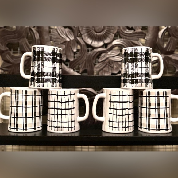 NEW Set of 6 Farmhouse Black & White Plaid Ceramic Coffee Tea Cups Mugs 12 oz - Picture 2 of 15